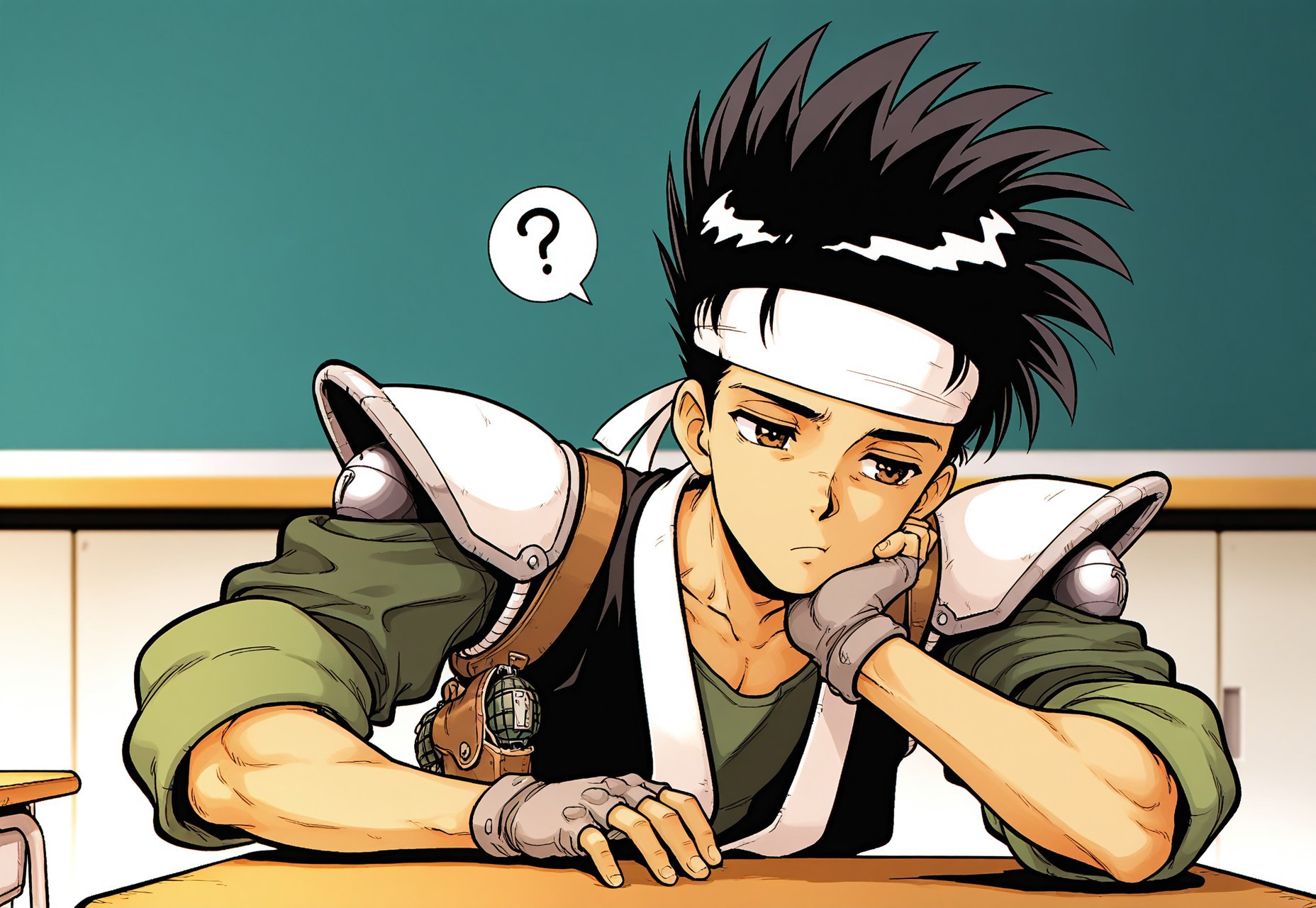 masterpiece,best quality,amazing quality, ffl2ilxlhumale, 1boy, male focus, toned male, black hair, spiked hair, white headband, brown eyes, (((black kataginu))), white shoulder pads, green shirt, green sleeves, gun holster, grenade belt, pouches, grey fingerless gloves, class room, sat down, dutch angle, three quarter view, bored, school desk, close-up, bored, ?, hand on chin