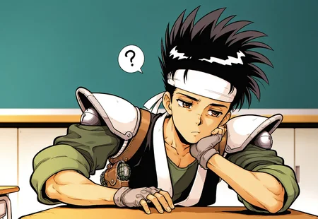 masterpiece,best quality,amazing quality, ffl2ilxlhumale, 1boy, male focus, toned male, black hair, spiked hair, white headband, brown eyes, (((black kataginu))), white shoulder pads, green shirt, green sleeves, gun holster, grenade belt, pouches, grey fingerless gloves, class room, sat down, dutch angle, three quarter view, bored, school desk, close-up, bored, ?, hand on chin