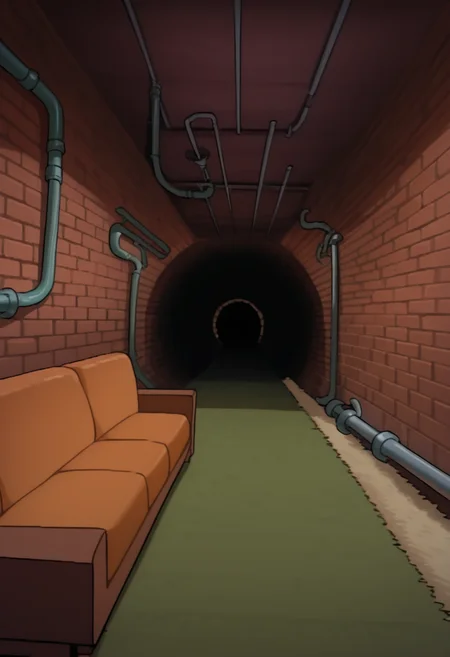 best quality, masterpiece, absurdres, newest, highly detailed,
<lora:TMNT_1987_-_Cartoon_Screen_Captured_Style:1> 1987tmnt5tyl3,
sewer scenery, interior, brick walls, pipes, couch, carpet, living area, no humans,
