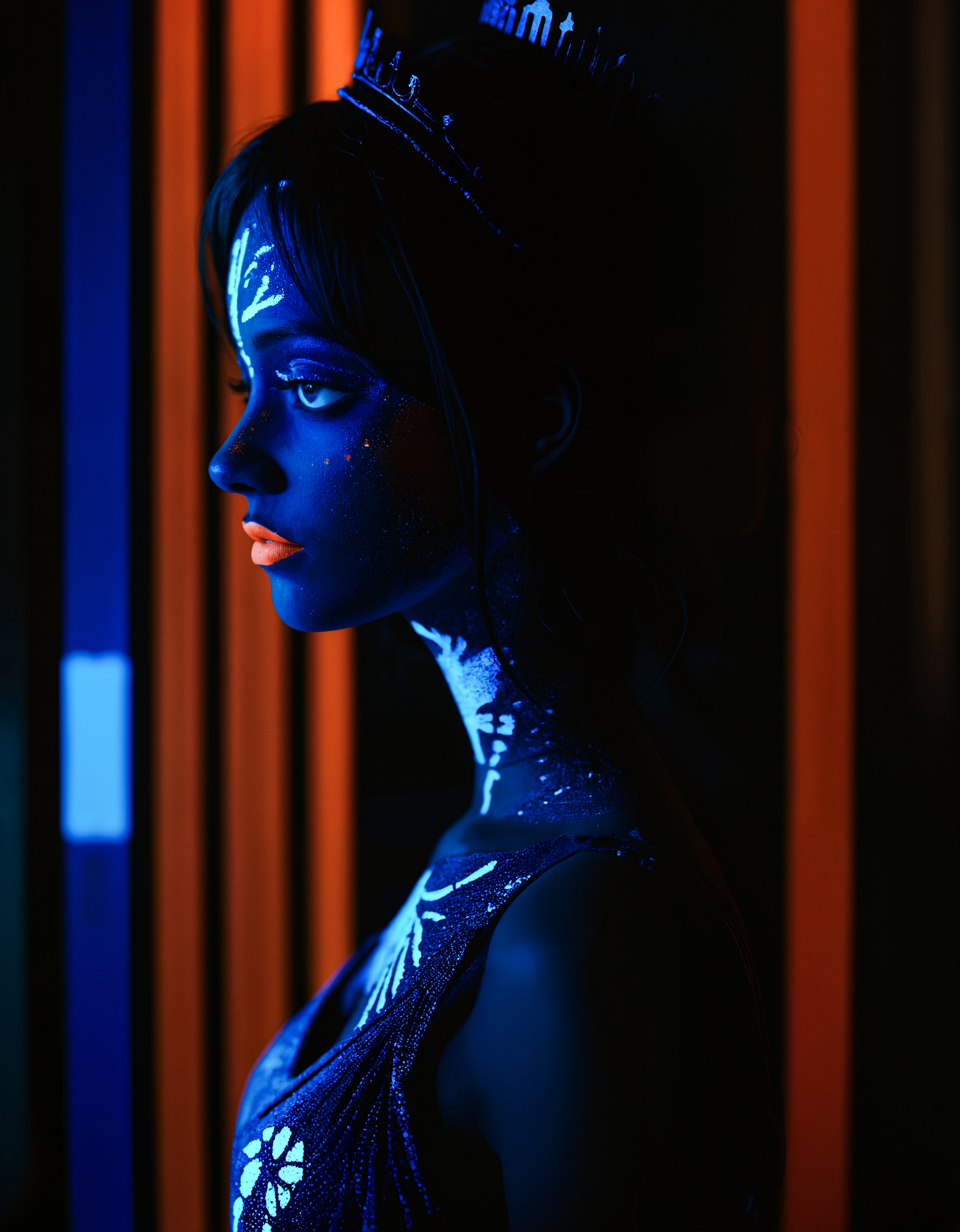 zavy-flrscnc, fluorescent, glowing dust, fluorescent dust, fluorescent spraypaint, fluorescent grain, dust, cinematic film still of a silhouette photo of a mosaic princess looking at camera in a dark street at blue night with her face casting window curtain shadow style, photorealistic, 100mm f/2.8 macro lens,
