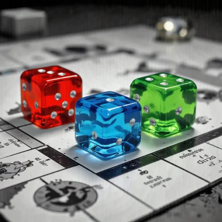 diclrpp, picture of three different dice: red translucent dice, blue translucent dice, and green translucent dice. they are placed on a black and white background of monopoly board. j_art