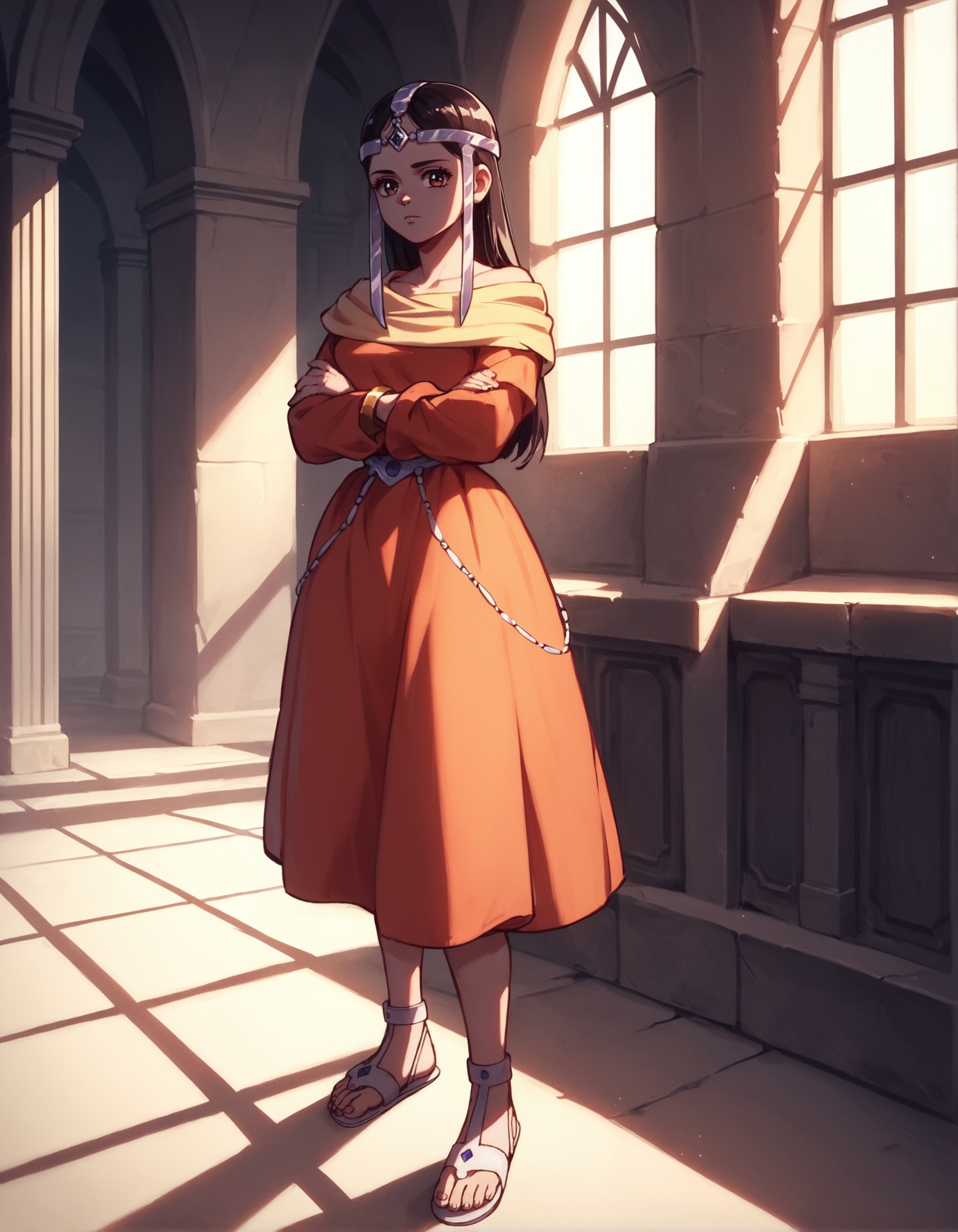 score_9, score_8_up, score_7_up,score_6_up,high resolution,mrl,1girl,solo,full body,in front of a castle,dress,circlet,,sandals,volumetric lighting,rim lighting,dof,dramatic shadow,crossed arms,looking at viewer