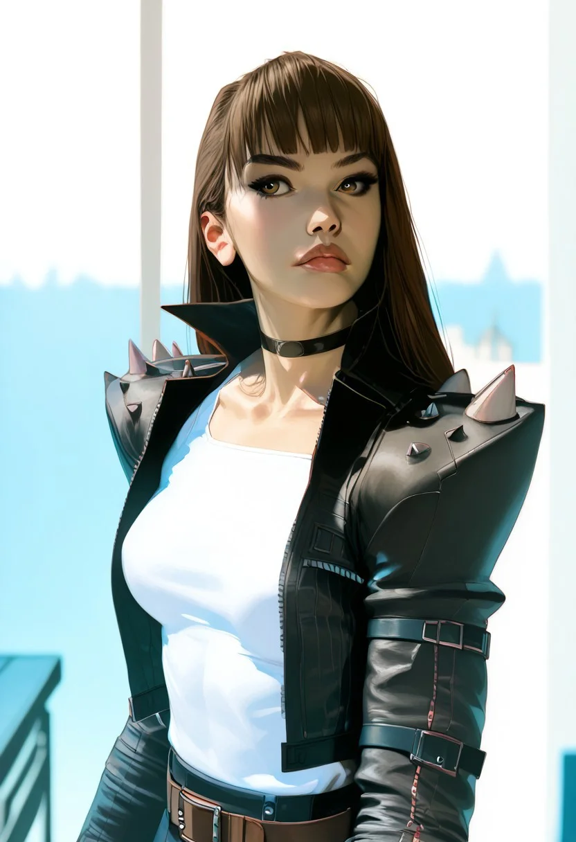 score_9, score_8_up, score_7_up, 1girl, solo, brown hair, brown eyes, long hair, bangs, thick eyelashes, athletic, nail polish, white chest sarashi, choker, leather cropped jacket, belt, leather miniskirt, fingerless gloves, spiked shoulders, near perfection, depth of field, cowboy shot, countershading, masterpiece, detailed and intricate, high-res, BREAK, (cowboy shot), window, rooftop, night, BREAK, Expressiveh, concept art, realistic, raw, photo. flat color, dark theme, sinozick style, 1g0r, kirishimanagixl, looking towards viewer.