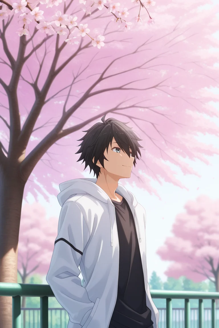 masterpiece, best quality, amazing quality, very aesthetic, high resolution, ultra-detailed, absurdres, newest, scenery, volumetric lighting, depth of field,anime screencap , , , 1boy, solo, male focus, <lora:ikki:0.90>,ikki kurogane, black hair, grey eyes,short hair,spiky hair,smile, shirt,hair between eyes,outdoors, hood,white hood,black shirt, tree, hoodie,cherry blossoms, railing,pov_eye_contact