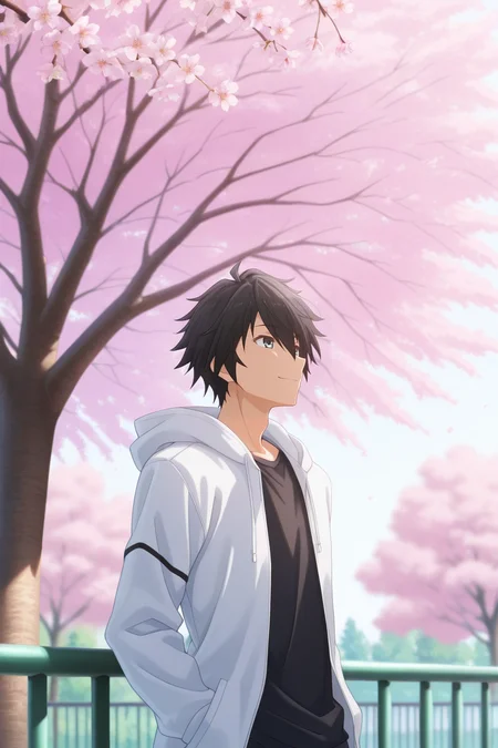 masterpiece, best quality, amazing quality, very aesthetic, high resolution, ultra-detailed, absurdres, newest, scenery, volumetric lighting, depth of field,anime screencap , , , 1boy, solo, male focus, <lora:ikki:0.90>,ikki kurogane, black hair, grey eyes,short hair,spiky hair,smile, shirt,hair between eyes,outdoors, hood,white hood,black shirt, tree, hoodie,cherry blossoms, railing,pov_eye_contact
