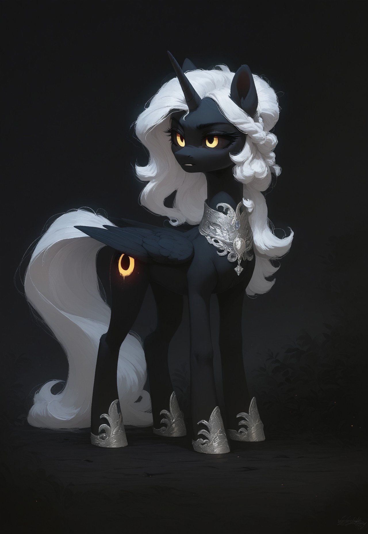 score_9, score_8_up, score_7_up, outdoors, dark theme, (source_mlp), solo
1girl, EventH0riz0n, feral pony girl, MLP, black fur, white hair, 