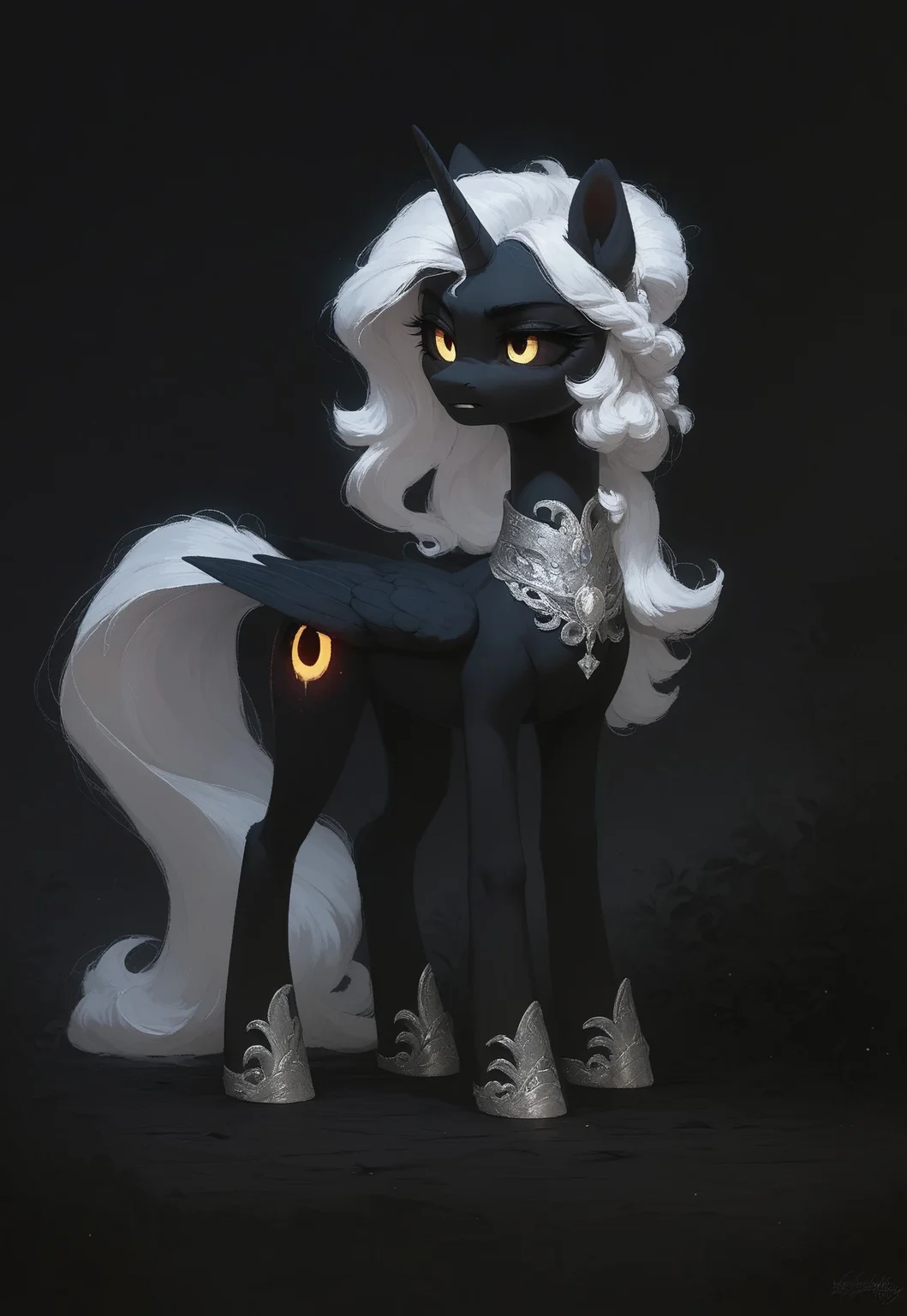 score_9, score_8_up, score_7_up, outdoors, dark theme, (source_mlp), solo
1girl, EventH0riz0n, feral pony girl, MLP, black fur, white hair,