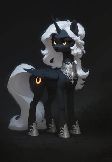 score_9, score_8_up, score_7_up, outdoors, dark theme, (source_mlp), solo
1girl, EventH0riz0n, feral pony girl, MLP, black fur, white hair, 