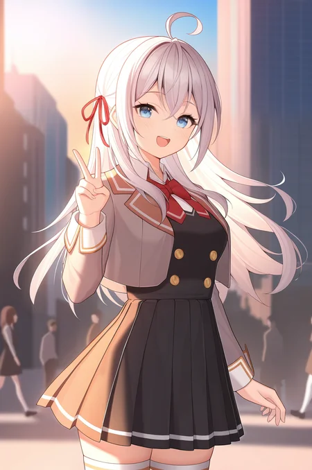 (masterpiece), (best quality), (intricate details, very aesthetic), absurdres, highres, 1girl, <lora:alisa_mikhailovna:1> alisa_wz, white hair, long hair, ahoge, sidelocks, medium breasts,  blue eyes, red ribbon, hair ribbon, school uniform, collared shirt, white shirt, red bowtie, black pinafore dress, pinafore dress,  grey blazer, cropped blazer, long sleeves, black skirt, miniskirt, pleated skirt, crossed bangs, open jacket, buttons, white thighhighs, standing, v, looking at viewer, :d, people, outdoors, city, tokyo \(city\), building, blurry background, day, sunset, cowboy shot, general, floating hair, newest, 2023, cinematic light,