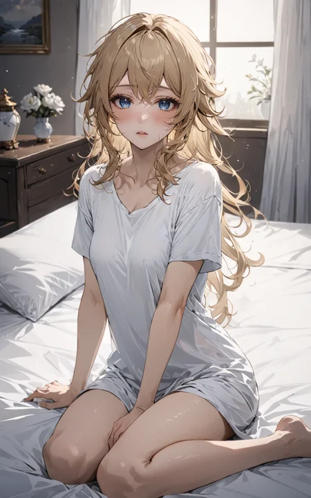 extreme detailed 1girl, masterpiece, ultra-detailed, an extremely delicate and beautiful, solo, navia /(genshin impact/), blue eyes, messy hair, white tshirt, sleepy, indoors, wariza, sitting, bed sheet, <lora:Navia_XL_LoRA:1> <lora:Desolation:0.5> <lora:aesthetic_anime_v1s:0.6>