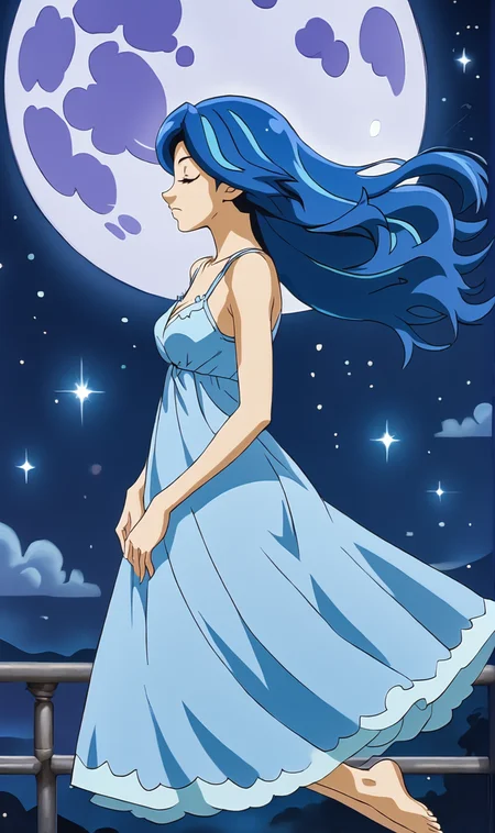 BA, 1girl, solo, blue hair, long hair, closed eyes, long nightgown, from side, floating, moonlight, giant moon background, night, sparkles, stars, <lora:Blue Angel Pony XL:0.8>