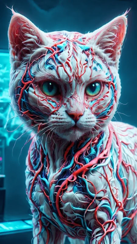 vaporwave neon theme, yamer_veins, veins, mythical beast, white cat, neon, colorful glow, bright and colorful, vibrant, guro, surreal, strange, (realistic photography) <lora:Veins_XL:1>