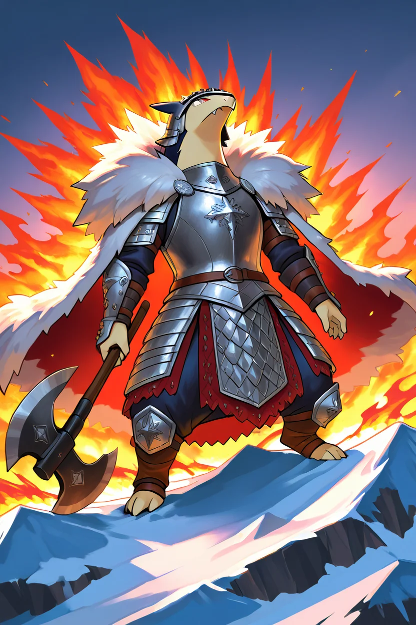 masterpiece, best quality, no humans, pokemon (creature), fire, <lora:TyphlosionPokedexIXL:1.0>, Norse Mythology-Inspired, zzTyphlosion in Viking armor, fur cloak, horned helmet, long axe, rune, snowy mountain, great hall, massive ship, epic battle