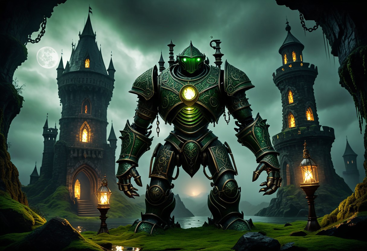 giant bipedal robot dirty white and dark green, bronze paisley robot. lacy robot metal. lava lamp head. outside of a steampunk keep. large detailed torso. dark image. one forty foot tall ancient robot with great arms and two heavy spring legs. dark foggy night background. $dark foggy night image only. dark photo realistic image. steampunk details. cogs, chains and pipes incorporated in the fantasy buildings. magic wizards tower in background. Dark swamp, moss, castle ruins, wizards tower. stormy dark night.  stormy sky.