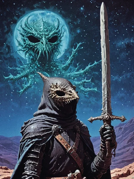 1970's dungeons and dragons dark fantasy artstyle, a hooded knight, bone mask, dark armour, sword in hand, prepared to fight a massive cuthulu, starry sky , grain, cinematic, realistic, photo <lora:dark_fantasy:1>