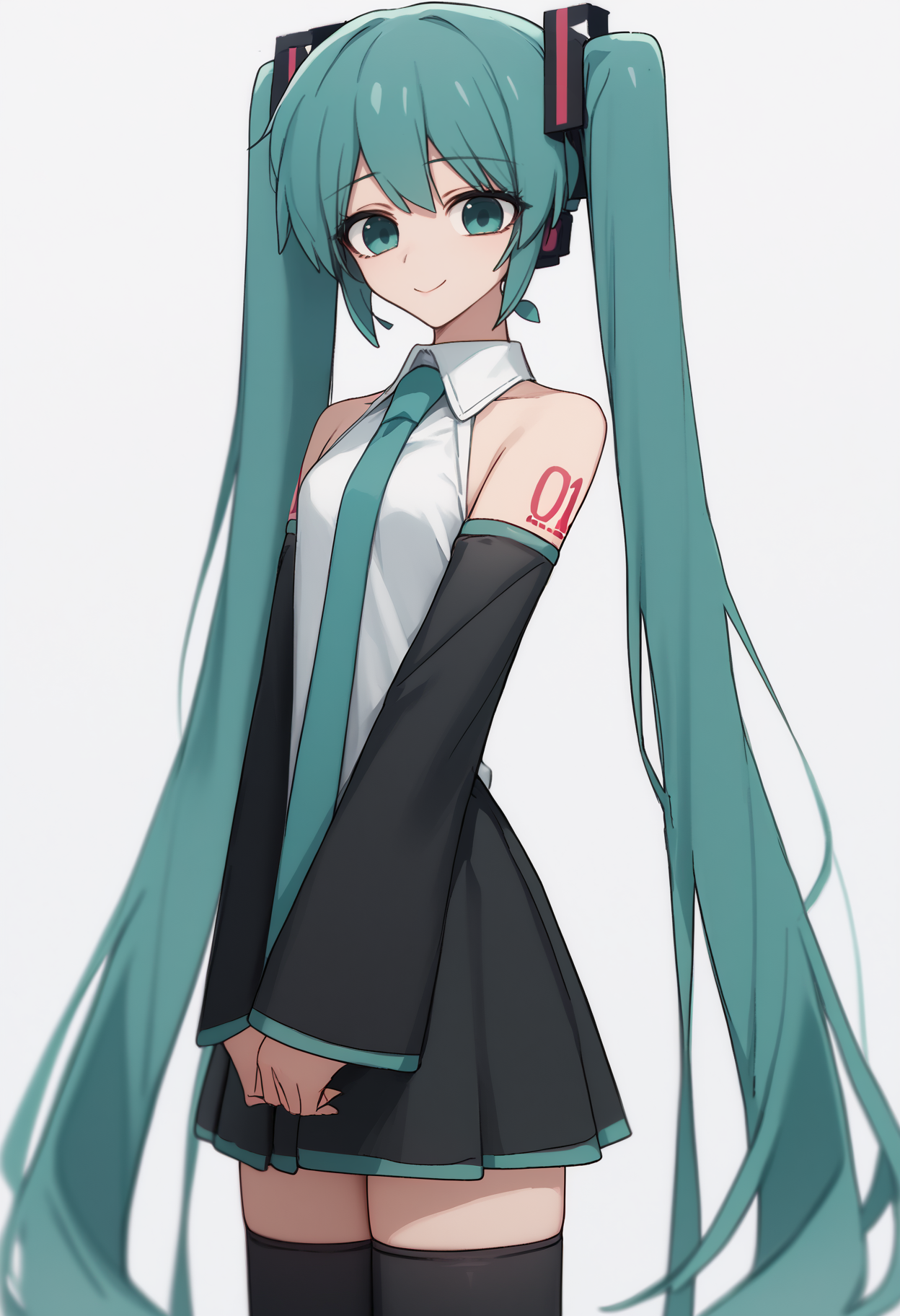 score_7_up, score_6_up, simple background, white background, solo, 1girl, hatsune miku, smile, looking at you, standing, v arms, aqua hair, twintails, aqua eyes, white shirt, aqua necktie, black sleeves, detached sleeves, black skirt, black thighhighs, bare shoulders
<segment:yolo-face_yolov8m.pt,0.4,0.5//cid=1>