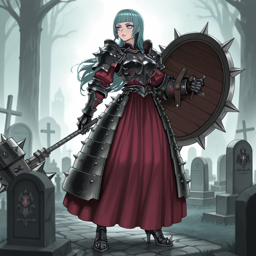 source_vanillaware,

1girl, solo,

AlcinaIL, Alcina Unicorn Overlord, milf,

cyan eyes, aqua hair, long hair, chopped bangs, purple eyeshadow, detailed lips, glossy lips 

dark armor, armored dress, spiky armor, large breasts, wide hips,

black pauldrons, black breastplate, black gauntlets, red dress, black heels,

steel hammer, holding weapon,

sexy, looking away,

spiked shield, shield on arm,

graveyard background,