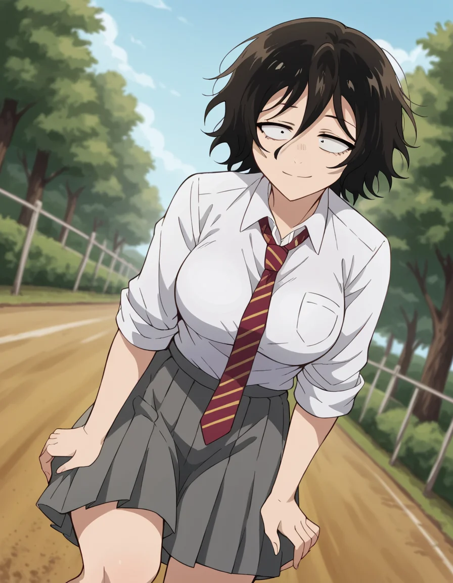score_9, score_8_up, score_7_up, source_anime, <lora:akira-asai-s1-ponyxl-lora-nochekaiser:1>, akira asai, short hair, black hair, messy hair, bags under eyes, sanpaku, black eyes, hair between eyes, large breasts,, skirt, shirt, school uniform, white shirt, pleated skirt, necktie, striped, collared shirt, red necktie, grey skirt, sleeves rolled up, shirt tucked in, striped necktie,, bike ride, countryside, dirt road, trees, afternoon sun, peaceful, alone, smile, , hand on thigh, elbow bent, foot pointed, solo,, cowboy shot, dutch angle