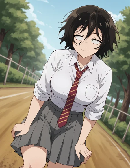 score_9, score_8_up, score_7_up, source_anime, <lora:akira-asai-s1-ponyxl-lora-nochekaiser:1>, akira asai, short hair, black hair, messy hair, bags under eyes, sanpaku, black eyes, hair between eyes, large breasts,, skirt, shirt, school uniform, white shirt, pleated skirt, necktie, striped, collared shirt, red necktie, grey skirt, sleeves rolled up, shirt tucked in, striped necktie,, bike ride, countryside, dirt road, trees, afternoon sun, peaceful, alone, smile, , hand on thigh, elbow bent, foot pointed, solo,, cowboy shot, dutch angle