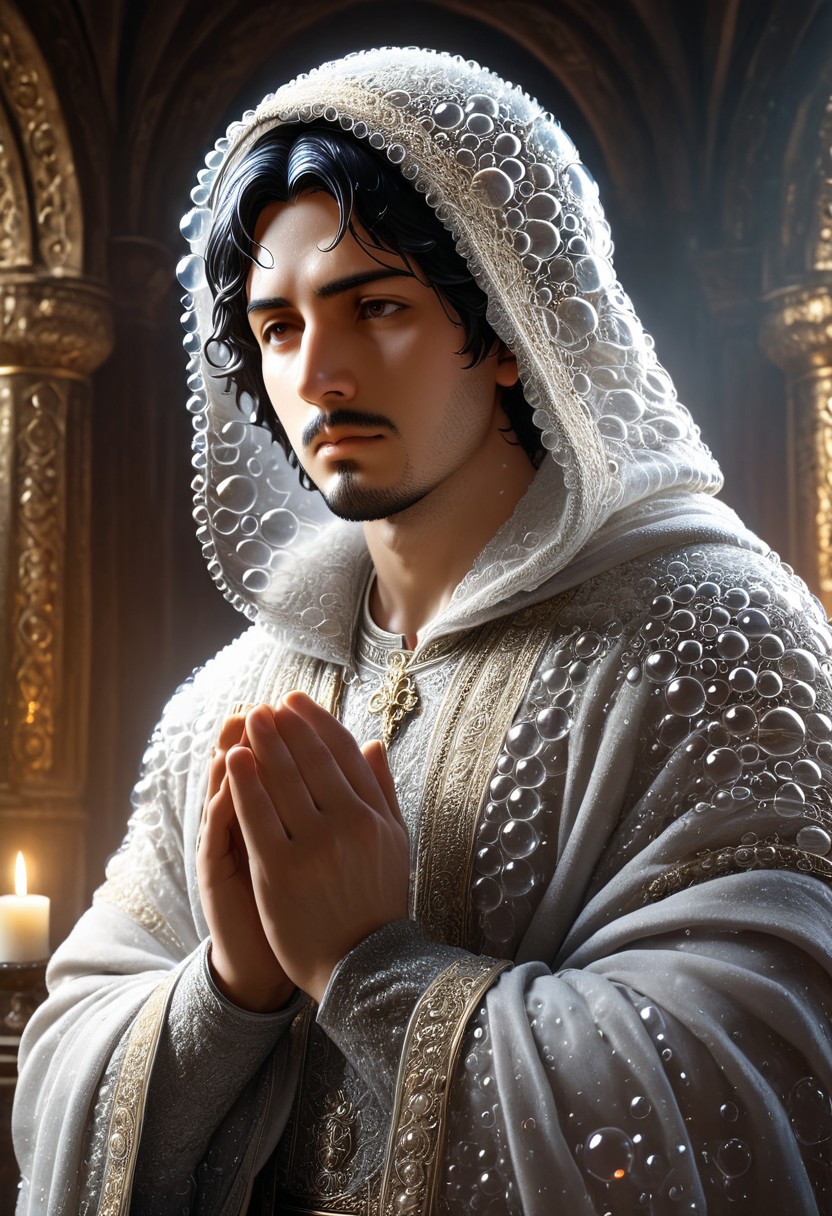 cinematic portrait, a man with hood praying statue made_of_bubbles, statue of torithor(1boy, bara, short hair, black hair, brown eyes, facial hair), intricate carvings covered with flower, dim candlelight flickering across weathered features, hyper-detailed fabric folds, volumetric fog, gothic atmosphere, 8k resolution, unreal engine 5, photorealistic, dramatic chiaroscuro lighting, bubbles, colorful bubbles