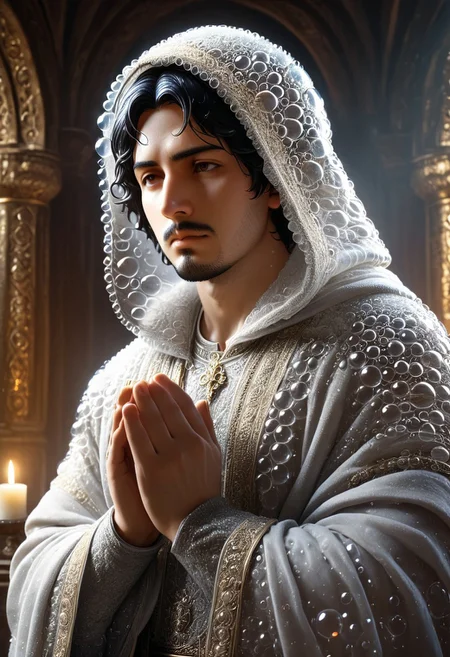 cinematic portrait, a man with hood praying statue made_of_bubbles, statue of torithor(1boy, bara, short hair, black hair, brown eyes, facial hair), intricate carvings covered with flower, dim candlelight flickering across weathered features, hyper-detailed fabric folds, volumetric fog, gothic atmosphere, 8k resolution, unreal engine 5, photorealistic, dramatic chiaroscuro lighting, bubbles, colorful bubbles
