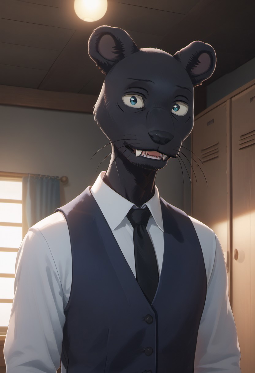 score_9_up, score_8_up, score_7_up, masterpiece, best quality, amazing quality, very aesthetic, absurdres, newest,  high quality, detailed, male, solo male, TaoBeastars, 1boy, mature male, male, athletic build, anthro, black panther, animal ears, black fur, grey blue eyes, round ears, whiskers, indigo vest, white long sleeve shirt, black tie, grey striped pants, dorm room, half body, looking at viewer, smiling, fangs, volumetric lighting, standing