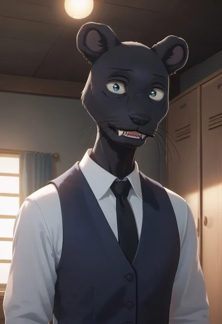 score_9_up, score_8_up, score_7_up, masterpiece, best quality, amazing quality, very aesthetic, absurdres, newest, high quality, detailed, male, solo male, TaoBeastars, 1boy, mature male, male, athletic build, anthro, black panther, animal ears, black fur, grey blue eyes, round ears, whiskers, indigo vest, white long sleeve shirt, black tie, grey striped pants, dorm room, half body, looking at viewer, smiling, fangs, volumetric lighting, standing