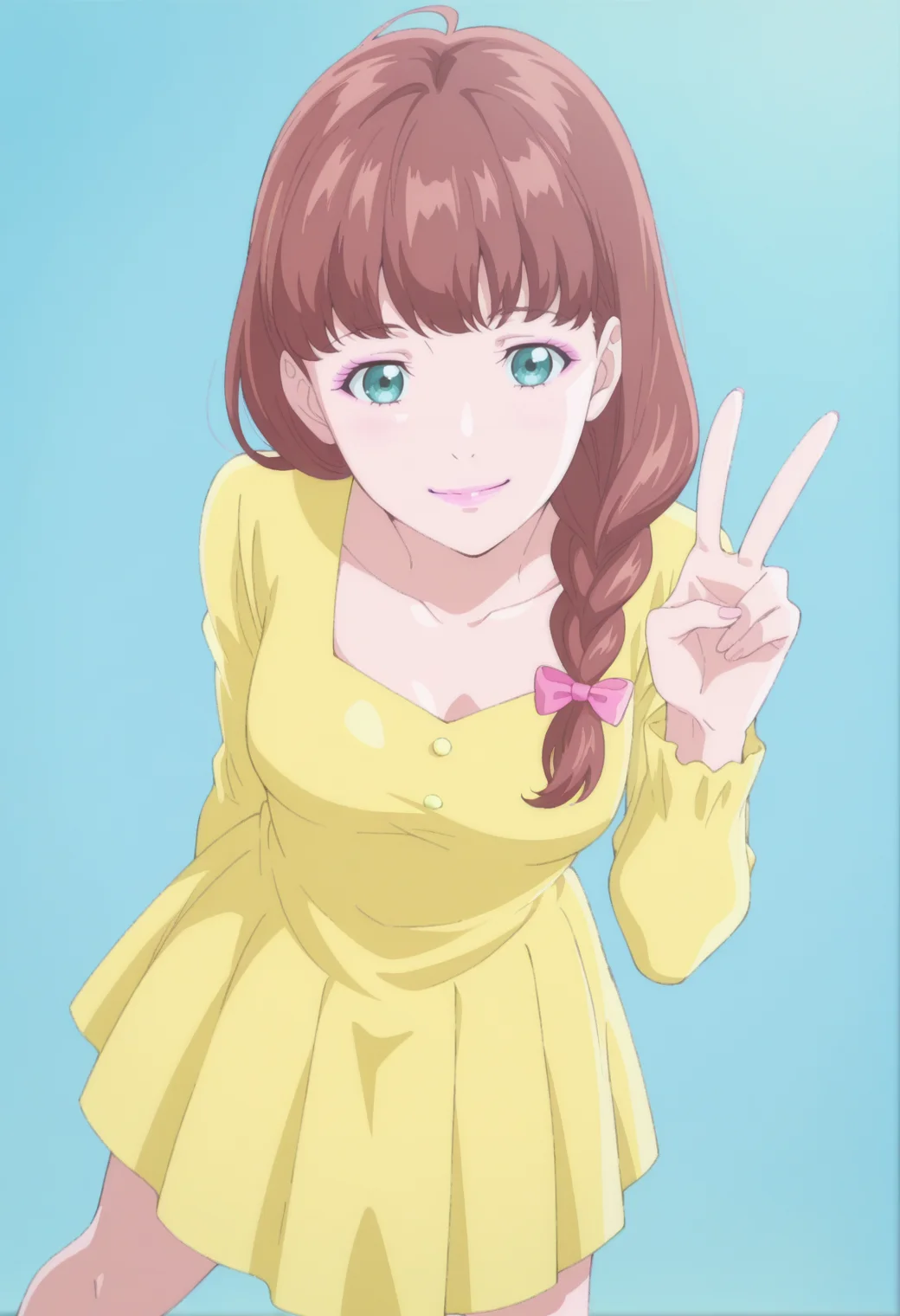 anime screencap, anime coloring, 1girl,  solo,   <lora:DX888MiraIL:1>gotokuji mira, aqua eyes, brown hair,single braid , pink lips, yellow dress, medium dress pleated dress,  hair bow BREAK blue background, two-tone background, BREAK dutch angle,  from above, dynamic pose, posing, smile,       v, standing, legs apart,  upper body,