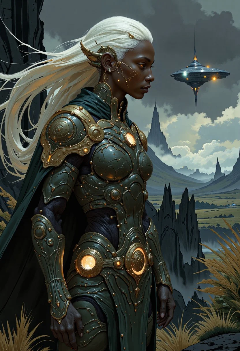 Portrait of an African woman in titanium futuristic armour, marble paint effect cloak, gold decoration, white hair blowing in the wind, dramatic scenery behind, plants, spaceship small in the distance
