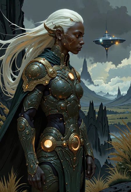 Portrait of an African woman in titanium futuristic armour, marble paint effect cloak, gold decoration, white hair blowing in the wind, dramatic scenery behind, plants, spaceship small in the distance