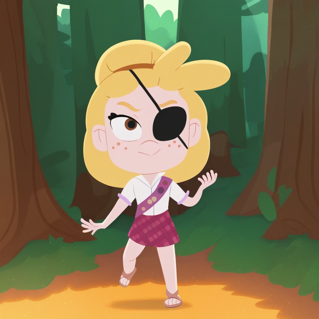 score_9, solo, tabii, blonde hair, freckles, eyepatch, white shirt, plaid skirt, eyepatch, forest, natural lighting
