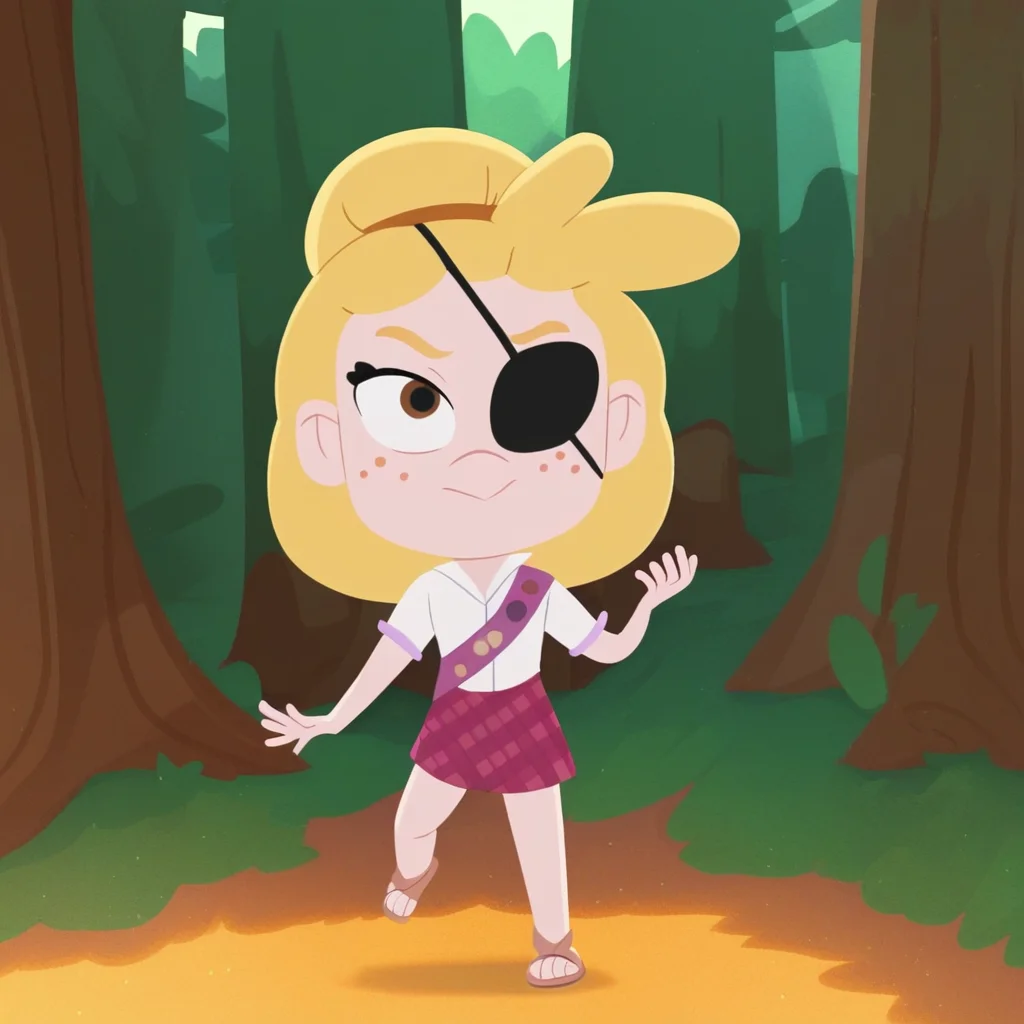 score_9, solo, tabii, blonde hair, freckles, eyepatch, white shirt, plaid skirt, eyepatch, forest, natural lighting
