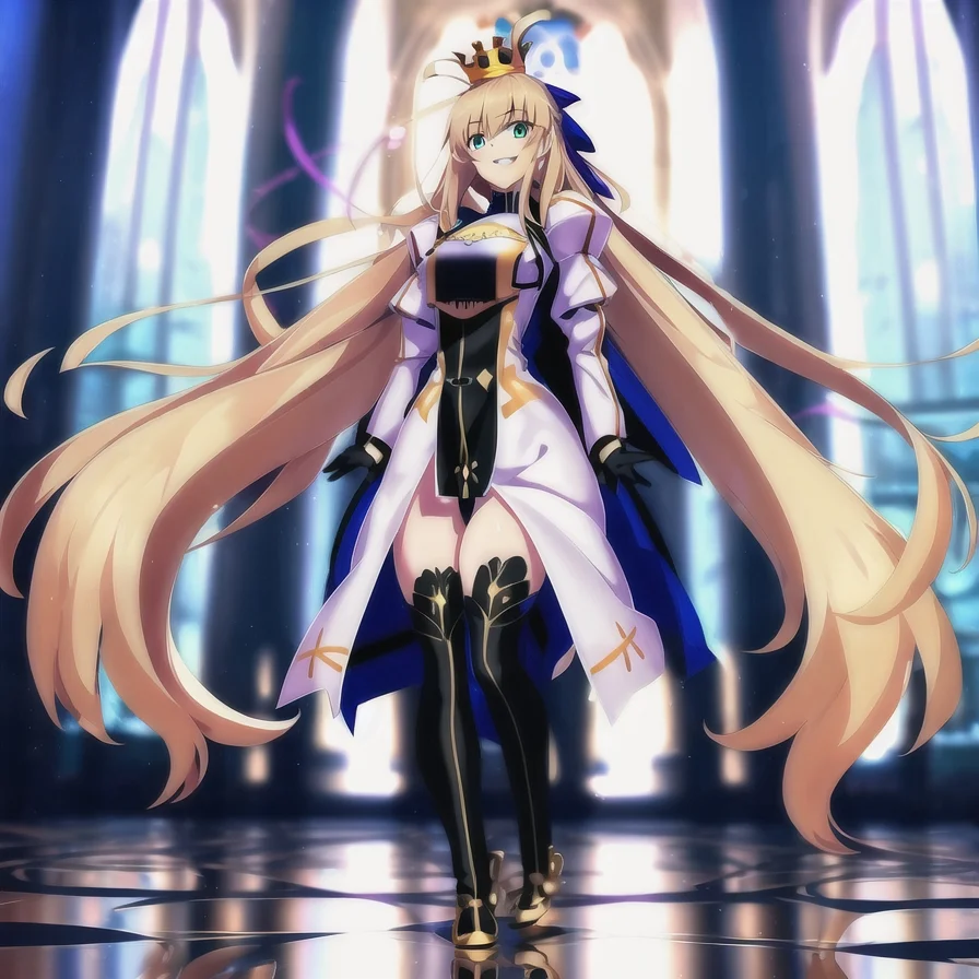 <lora:castoria:1>, 1girl, full body, parted lips, highly detailed, intricate, standing, blurry background, wide shot, masterpiece, best quality, wallpaper, hdr, high definition, ahoge, blonde_hair, blue_ribbon, breastplate, crown, long_hair, smile, ribbon, standing, thighhighs, yellow_eyes, solo focus, castoria