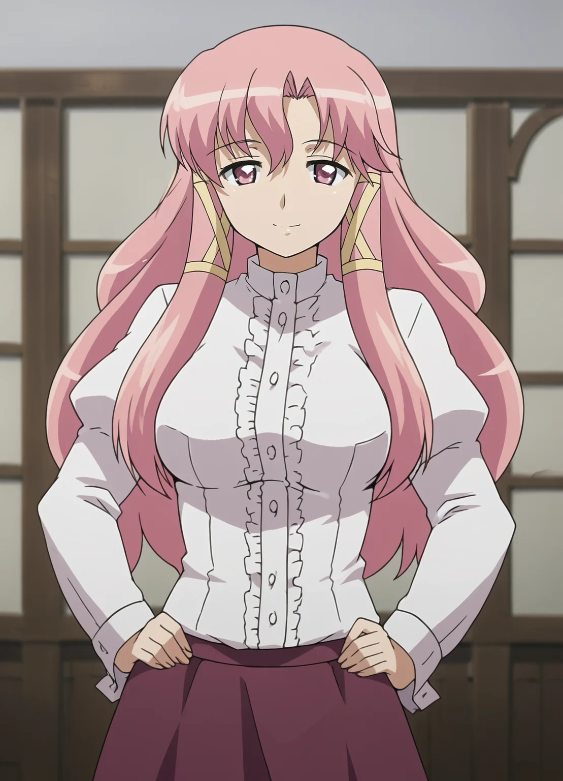 <lora:Cattleya-Zero_no_Tsukaima:0.85>,cattleya,1girl,solo,pink hair,long hair,pink eyes,hair ribbon,breasts,shirt,skirt,cowboy shot,hands on own hips, looking at viewer, smile,indoors,