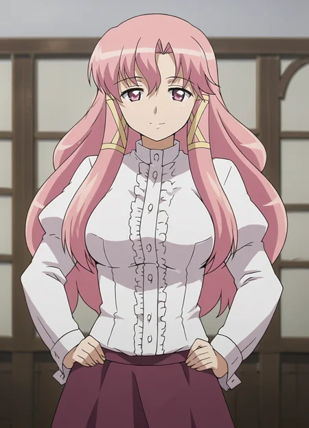 <lora:Cattleya-Zero_no_Tsukaima:0.85>,cattleya,1girl,solo,pink hair,long hair,pink eyes,hair ribbon,breasts,shirt,skirt,cowboy shot,hands on own hips, looking at viewer, smile,indoors,