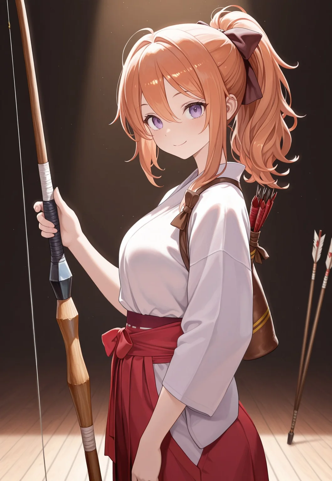 (masterpiece, best quality, amazing quality, very aesthetic), (scenery, volumetric lighting), simple background, 1girl, looking at viewer, smile, Zenith, purple eyes, orange hair, long hair, ponytail, hair between eyes, hakama, archery club, wooden bow, arrow, from side, aming away,