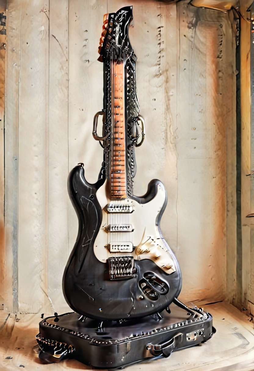 Ultra realistic with high quality and ultra detail with excellent focus and contrast, photorealistic image style, ultra realism, high definition of 1 object rock metal electric guitar,mystical and fantastic style,in leather and chains attached to it,supported large tonearm with amplifier , engraved with elements characteristic of rock metal style music, ((engraved with elements of metal style music))