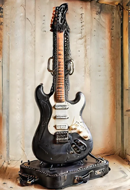 Ultra realistic with high quality and ultra detail with excellent focus and contrast, photorealistic image style, ultra realism, high definition of 1 object rock metal electric guitar,mystical and fantastic style,in leather and chains attached to it,supported large tonearm with amplifier , engraved with elements characteristic of rock metal style music, ((engraved with elements of metal style music))