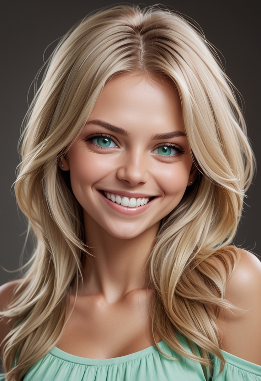(medium full shot) of adult woman, slim build, long blonde layered cut hair, russian, tan skin, mint green eyes, smiling, detailed face, wearing clothes, ,Masterpiece,best quality, raw photo, realistic, very aesthetic