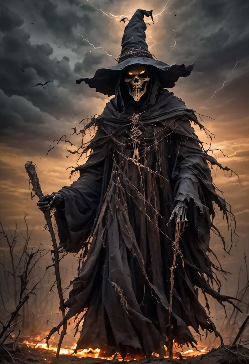 Scarecrow of the Apocalypse. A menacing figure cloaked in darkness, adorned with tattered robes and a weathered hat. His eyes glow with an otherworldly light, instilling fear in all who cross his path. His presence heralds doom and despair, a harbinger of the end times. Capture the eerie essence of his form in a single scene. DEVIL SPAWN.