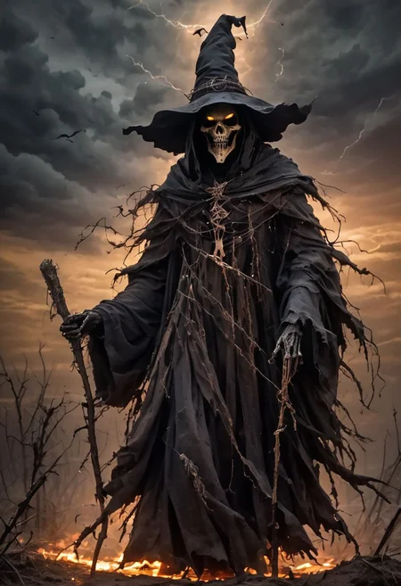 Scarecrow of the Apocalypse. A menacing figure cloaked in darkness, adorned with tattered robes and a weathered hat. His eyes glow with an otherworldly light, instilling fear in all who cross his path. His presence heralds doom and despair, a harbinger of the end times. Capture the eerie essence of his form in a single scene. DEVIL SPAWN.