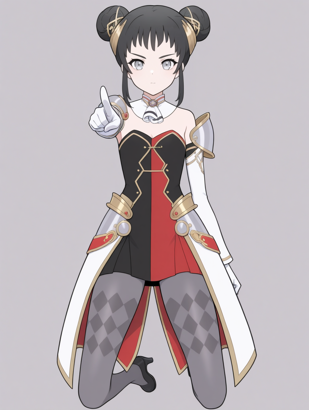 perfect quality,best quality,absolutely eye-catching,ambient occlusion,raytracing BREAK
1girl,<lora:hana IL v1.1>,hana,double bun,black hair,grey eyes,hair ornament,detached collar,white detached sleeves,open coat,  ,short dress,red dress,black dress,argyle pantyhose,gloves,armor,high heels,grey pantyhose,gold hair ornament,, straight-on,face_focus,leaning_to_the_side,index_finger_raised,reaching,kneeling,