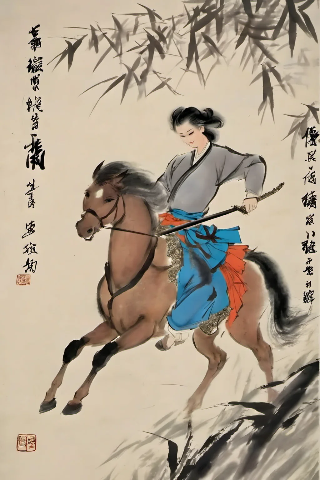 liujiyou, chinese swordman, riding horse, wind, flying petals traditional media, Bamboo groves  <lora:liujiyou-000008:0.8>