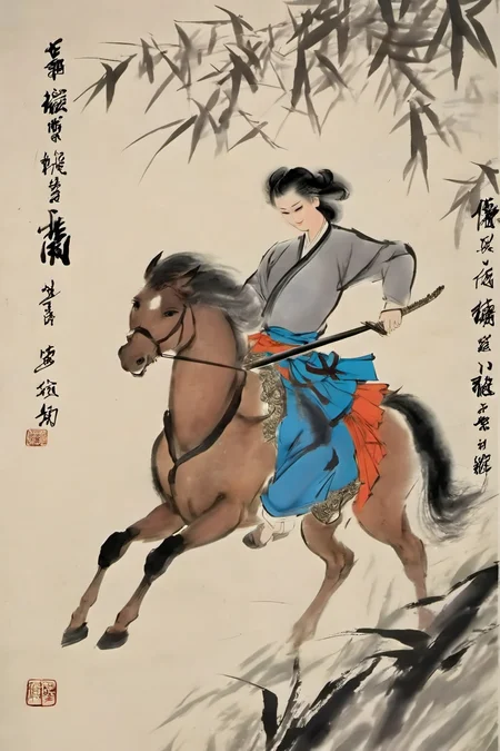 liujiyou, chinese swordman, riding horse, wind, flying petals traditional media, Bamboo groves <lora:liujiyou-000008:0.8>