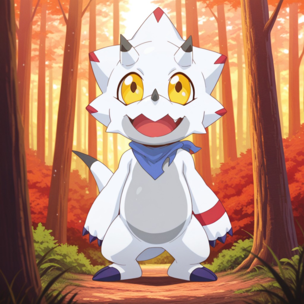 masterpiece, best quality, amazing quality, GammaGil, semi-anthro, Gammamon, ceratopsian, white skin, yellow eyes, blue neckerchief, horns, nose horn, tail, solo, full body, standing, happy, in forest,, <lora:5d0051a6-5dc4-464e-a23c-b7ce5a34fc2e:1.0>