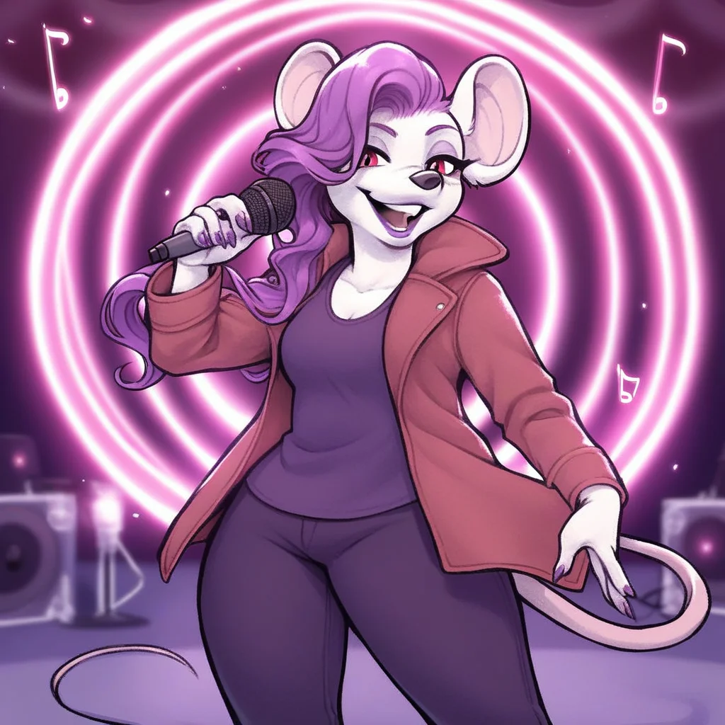 score_9, score_8_up, score_7_up, score_6_up, score_5_up, score_4_up, source_furry, rating_safe, <lora:Pomme_Rivals_of_Aether_PonyXL:0.8> pommeroa, pomme (rivals of aether), anthro, rat, white body, purple hair, side cut, red eyes, jacket, pants, shirt , mouse tail, black nose, detailed background, stage, purple lips, lipstick, athletic female, hands, 5 fingers, thick thighs, standing, smile, female, holding microphone, music, magic, microphone, singing,
