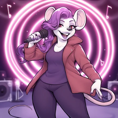 score_9, score_8_up, score_7_up, score_6_up, score_5_up, score_4_up, source_furry, rating_safe,  <lora:Pomme_Rivals_of_Aether_PonyXL:0.8> pommeroa, pomme (rivals of aether), anthro, rat, white body, purple hair, side cut, red eyes, jacket, pants, shirt , mouse tail, black nose, detailed background, stage, purple lips, lipstick, athletic female, hands, 5 fingers, thick thighs, standing, smile, female, holding microphone, music, magic, microphone, singing,