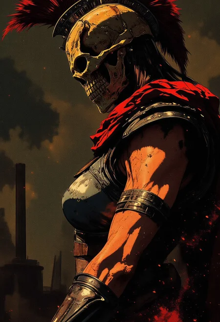 Female Roman soldier, skull face mask, in profile, toned arms, braided hair, battle damaged armor, large breasts, breast plate, dark and moody background, adds a dramatic tone, subtle lighting reflections, ray traced, foreshortening, Holding a sword,