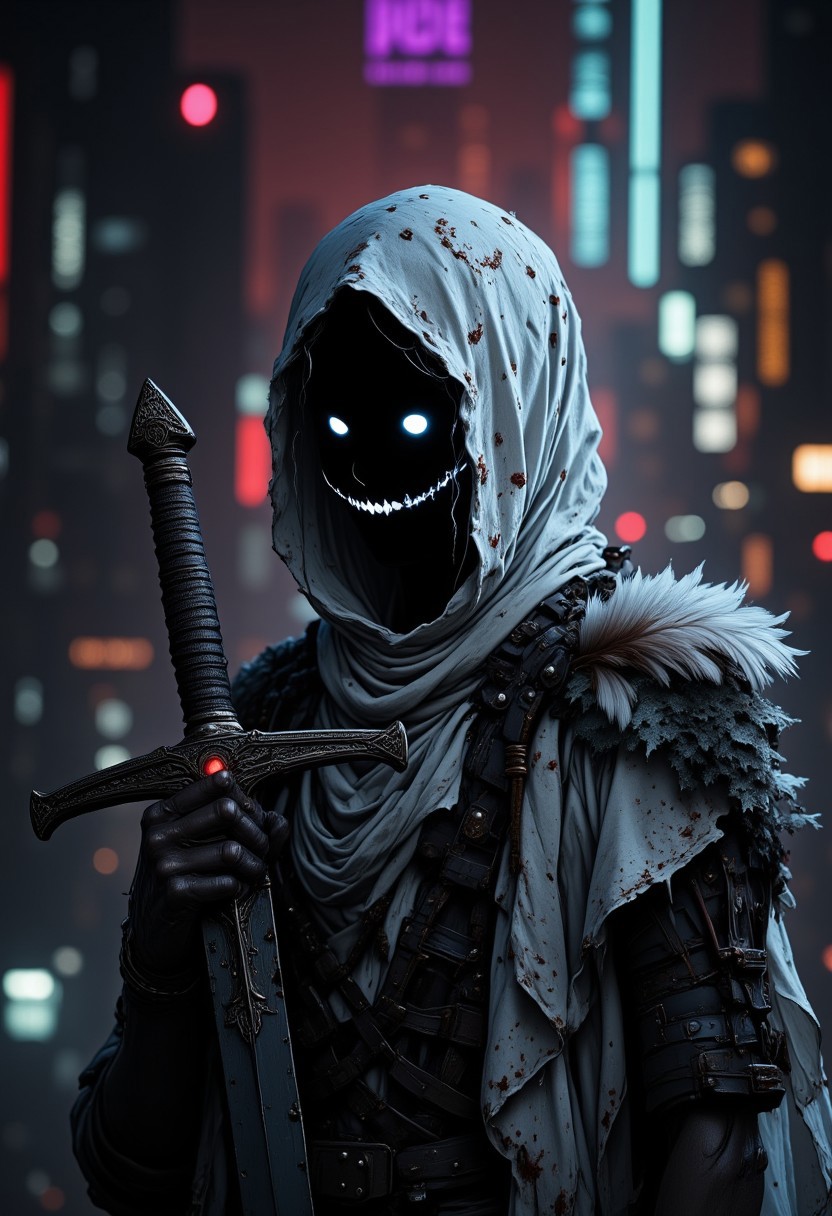 nistyle, manga-style, Photorealistic Closeup Portrait of a haunting, humanoid figure with an eerie, macabre presence. The face is mostly obscured by a tattered white hood, its fabric worn and frayed, adorned with ragged feathers and organic remnants, evoking the image of a spectral, bird-like entity. Beneath the hood, only a single glowing round orb shape emerges from the darkness, pulsing with an unsettling, otherworldly grin. The figure's face appears gaunt, barely visible, as if shrouded in an unnatural colorful void. The figure clutches an oversized, colossal sword, its sheer size almost surreal, dominating the frame alongside the face. The blade is chipped, scarred, and aged, its weathered surface reflecting faint glimmers of light. The figure's slender, gloved fingers grasp the hilt tightly, their elongated, almost skeletal form accentuating the nightmarish quality. The background is a Neon dystopian heightening the stark contrast between the spectral white hood and the dark, decayed elements of the figure’s attire. The color palette remains desaturated, with black, gray, and white tones, emphasizing the bleak, ghostly atmosphere. The image conveys a chilling, enigmatic presence—an entity lingering between life and death, staring forward with an ominous, unreadable gaze.