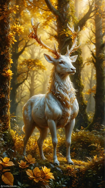 hyper realistic, a majestic white stag with golden antlers standing in a sunlit clearing, surrounded by ethereal forest spirits, glowing flora, magical atmosphere ,<lora:ral-amber:1> ral-amber
<lora:add-detail-xl:1>,
<lora:MJ52:0.35>,
<lora:SDXLFaeTastic2400:0.325>,
(settings by AIDigitalmediaaggency:0.0001),
OverallDetailXL